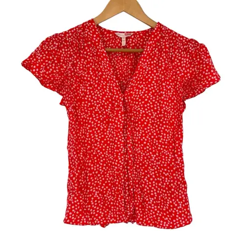 Rebecca Taylor Orangey Red Silk Blend Malia V-Neck Top size 2 Short Sleeves