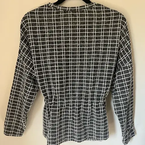 ZARA  Basic Plaid Tie Boxy Long Sleeve Black White Top Crew Neck sz M