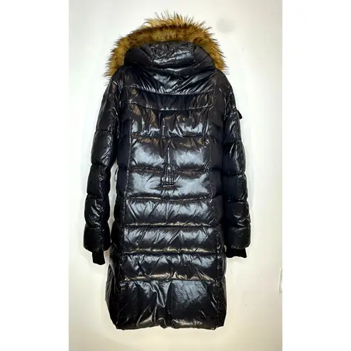 S13 New York Women's gloss chalet jet Puffer down & Feather Jacket Faux Fur Hood Black Size M