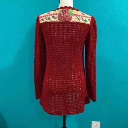 Free People  red floral quilted boho festival crochet granny core wool sweater