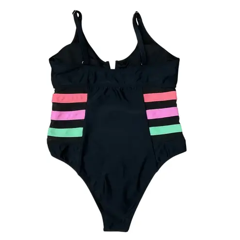 Women's One Piece Bathing Suit V Wire Color Block Mesh Waist Swimsuit Size XL Black