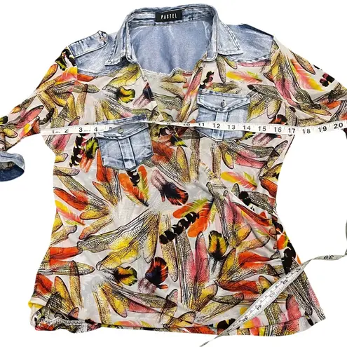 Pastels Clothing Multicolor Feather Blouse with Denim Details Small Red