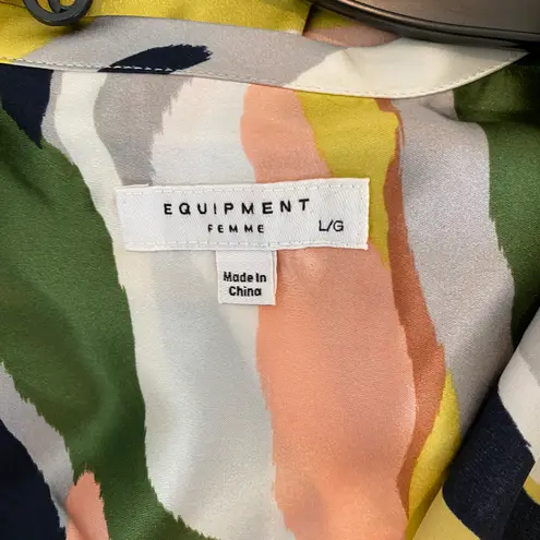 Equipment Camo Print Tie Sleeve 100% Silk Blouse Size L