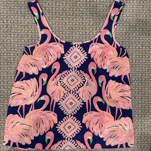 Lilly Pulitzer  Flamingo 100% Silk Navy Blue Pink Abstract Tank Top Size Small