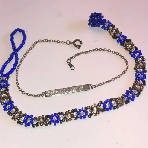 Lot of 2 Seed Bead Silver Tone Boho Ankle Bracelets Blue