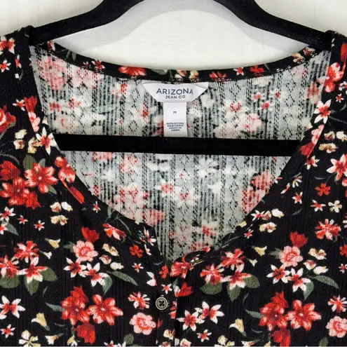 Arizona Jeans Arizona Jean Co. Black Floral Print Button Down Blouse Size Medium Ruffle Hem