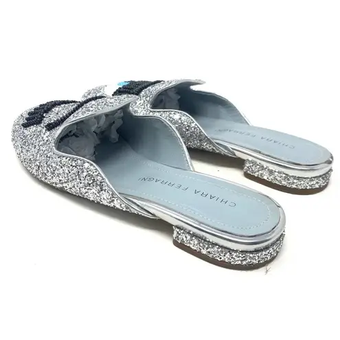 Chiara Ferragni Flirting Silver Glitter Beaded Flat Mules Size 36 / US 6