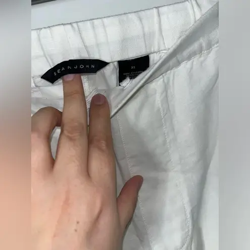 Sean John Lightweight Ruched Casual White Trimmed Faux Leather Linen Pants Sz XL