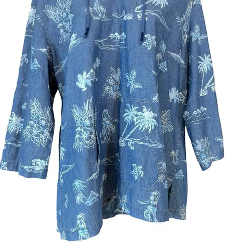 Tommy Bahama  Hula Hut Tropical Print Baja Blue Linen Blend Hoodie