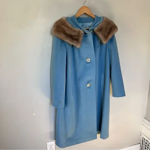 Vintage Crestmoor Wool Norwegian Fox Fur Collar Pea Coat 50s 60's Blue Size M