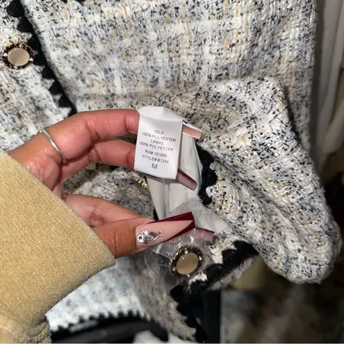 Pomander Place White Tweed Josephine Mini Dress with Gold Button Detail Black Size M