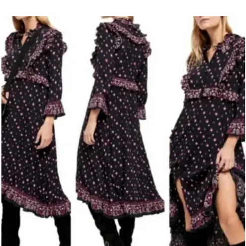 Free People  Calico Skies Black Floral Long Sleeve Dress