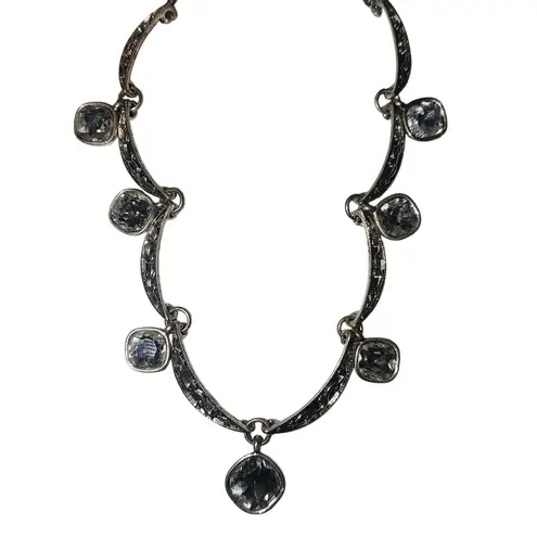 Trifari Crown Crystal Pave Necklace Vintage Silver Tone Filigree Clear Cushion