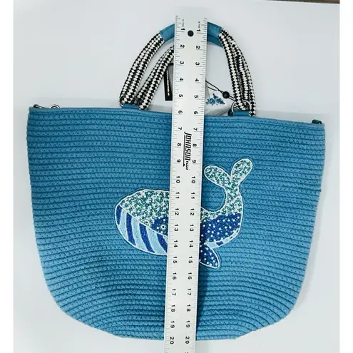 America & Beyond Embellished Jute Tote Crossbody Strap Whale Vacation Beach NWT Blue