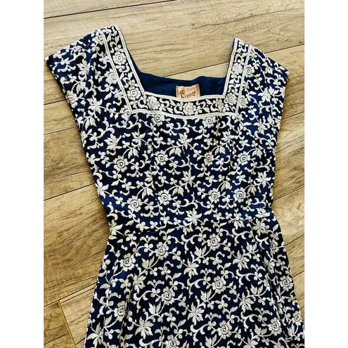 Vintage 1950s Navy White Embroidered Dress 50s Embroidered Cotton Wiggle Kramer Blue