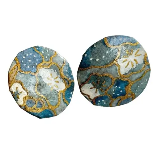 Blue hand painted round floral earrings