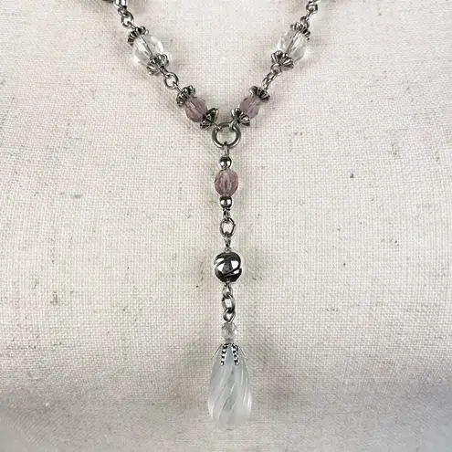 Vintage Napier Y Drop Beaded Strand Necklace Silver Tone Y2K 2000s Fairycore