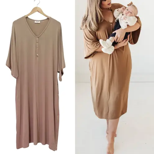 Dwell & Slumber House Dress Size M/L Tan Neutral Gold Snap Caftan Lounge Nursing Size L