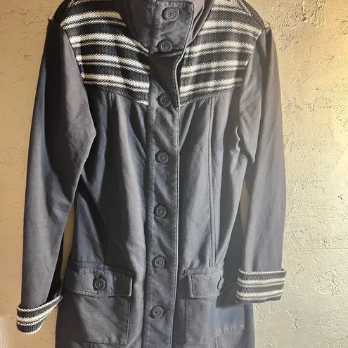 prAna Grey Coat with Striped Collar, stripe details at collar and cuffs, longer