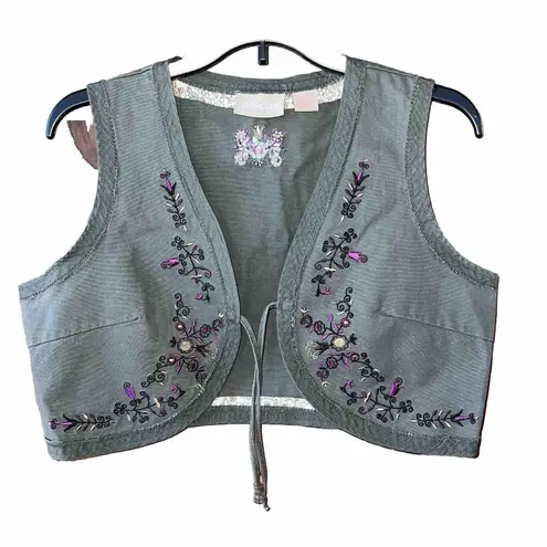 Personal Identity Green Boho Hippie Embroidered Crop Vest Short Gilet XL