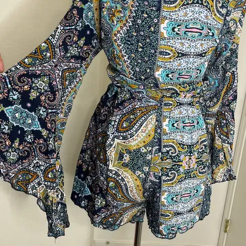 AELSON Women's Boho V Neck Paisley Print Flare Sleeves Romper Concert Sz XL Blue