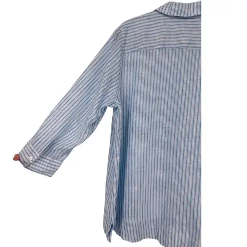 Foxcroft Harley Linen Blue White Striped 3/4 Sleeve Button Down Shirt Size 16W