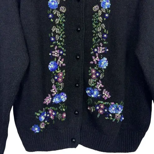 Vintage Silk Angora Rabbit Cardigan Sweater Small Black Floral Beaded Sequins