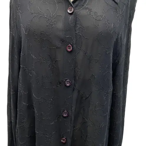 carole little Vintage Black Mesh Lace Floral Embroidered Button Down