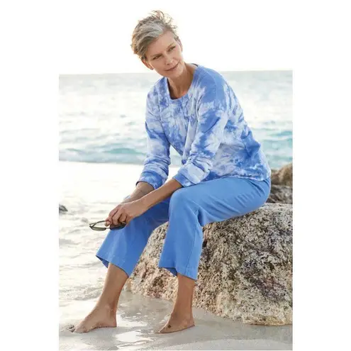 Soft Surroundings XS Sweatshirt Top Blue Tie Dye Jersey Knit Long Sleeve 1263