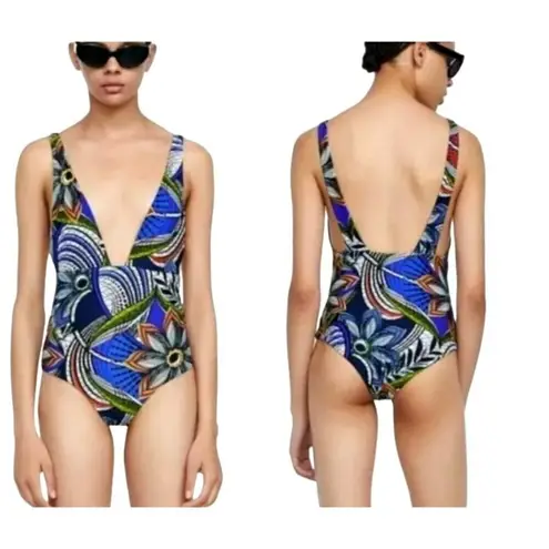 ZARA  Swimsuit Womens Small Blue Floral Print‎ Tropical One Piece Bathing Suit