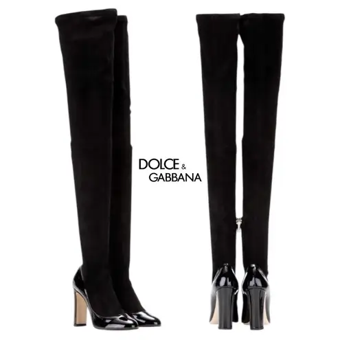 Dolce & Gabbana Round Toe Pump Insert Over The Knee Suede Sock Boots Black Sz 36