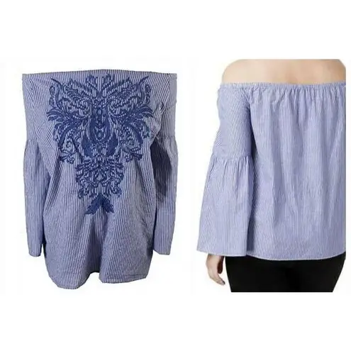 INC International Concepts Sweet Meadow Striped Embroidered Casual Top Sz 1X Blu