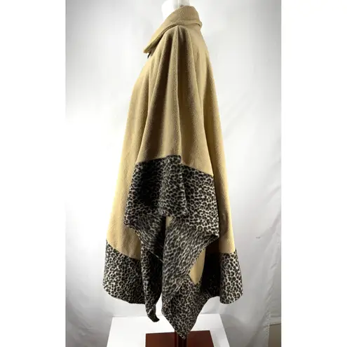 Le Moda Camel Color Fleece Cape Poncho Leopard Print Trim Mob Wife Retro Chic Tan Size L