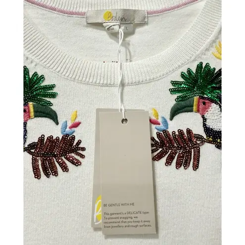 NWT Rare Boden Unique Embroidered Sequin Toucan Tropical Knit Sweater Large $168 White