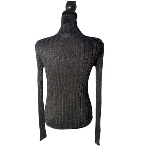 AllSaints Patrice Ribbed Knit Sheer Top Size XS Sparkly Metallic Blue Mock Neck