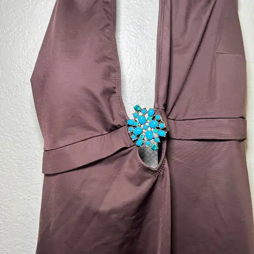 Magic Suit One Piece Halter Swimsuit Brown Turquoise Jeweled Women's 12 Classic