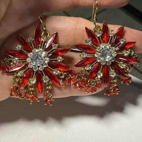 Red Gold Statement Necklace Earrings Set Rhinestone Floral Jewelry Christmas