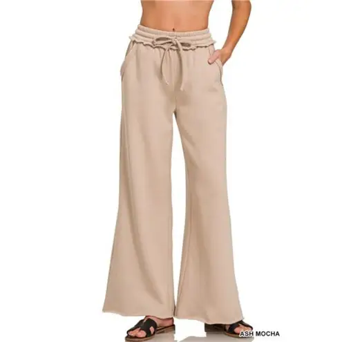 Zenana Outfitters Fleece Exposed Seam Wide Leg Sweatpants - ASH MOCHA
