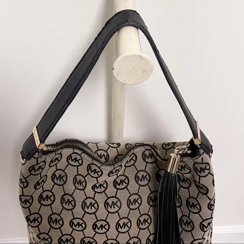 Michael Kors Beford Monogrammed Shoulder Bag Black Tan Tassel *No Long Strap*