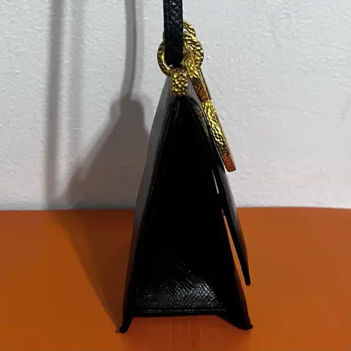 Clara Studio for Asymmetry Vtg Black Lizard Embossed Leather Bag 24K Gold Handle