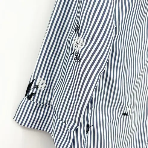 Patrizia Luca Women Striped Embroidered Floral 3/4 Sleeve High Low Shirt Dress M Blue Size M