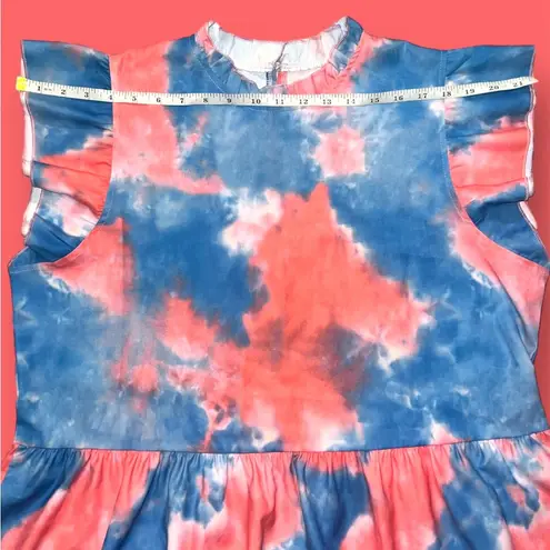 Pink & Blue Tie Dye Ruffle Mock Neck Cap Sleeve Babydoll Top, Size XL, Unbranded