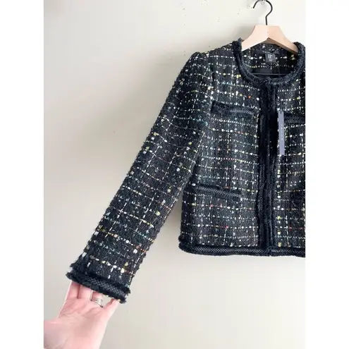 Tahari NWT Metallic Thread Tweed Fringe-Trim Blazer Jacket in Black, XS