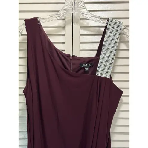 Slny Burgundy Sleeveless Dress Size 16 Rhinestone Straps Lined Ruffle Back Zip
