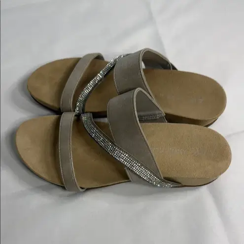 Anne Klein  Silver Tan Slip-On Sandals with Metallic Straps