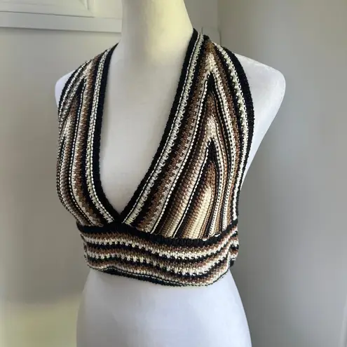 Italian Earthy Handmade Knit Halter Bralette Crop Tank Top Brown Boho Crochet Size M