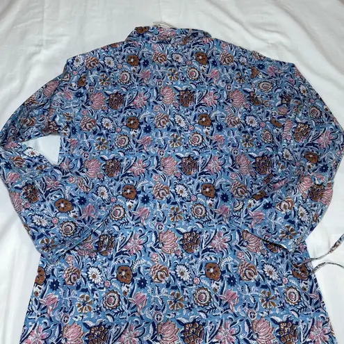 NWT Pomegranate Blue Floral Shifty Shirt Dress Cotton Maxi Belt Button Size XL