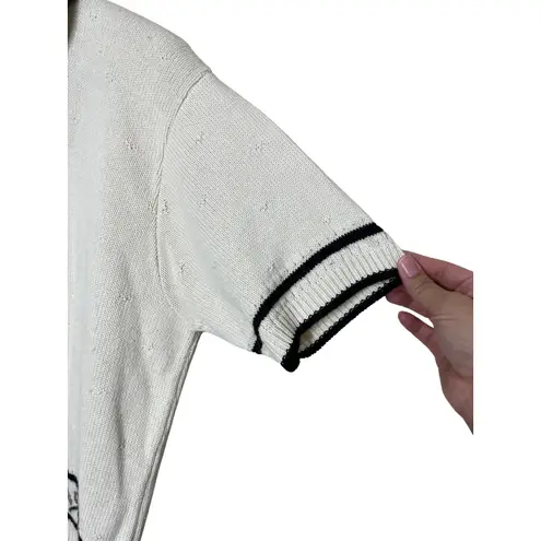 Womens Vintage Cream Knit Polo Shirt Short Sleeve Leaf Trim Buttons Top size L Black Size L