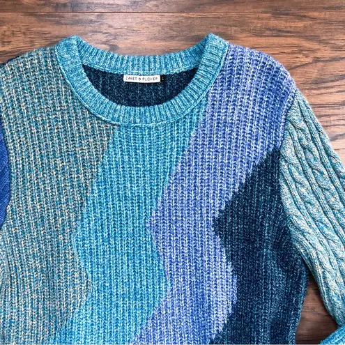 Anthropologie Zaket & Plover • Anthro color block sweater blue green wool chunky knit pullover