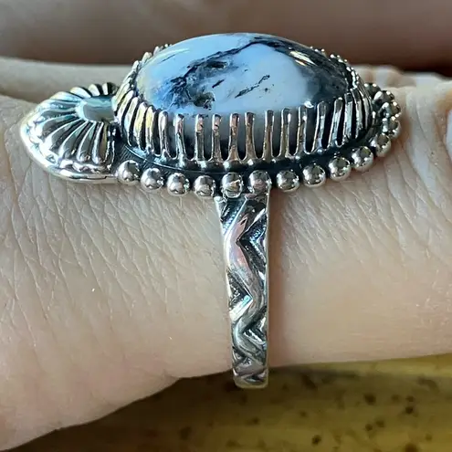 Natural White Buffalo Sterling Silver Ring Size 9.25 Black